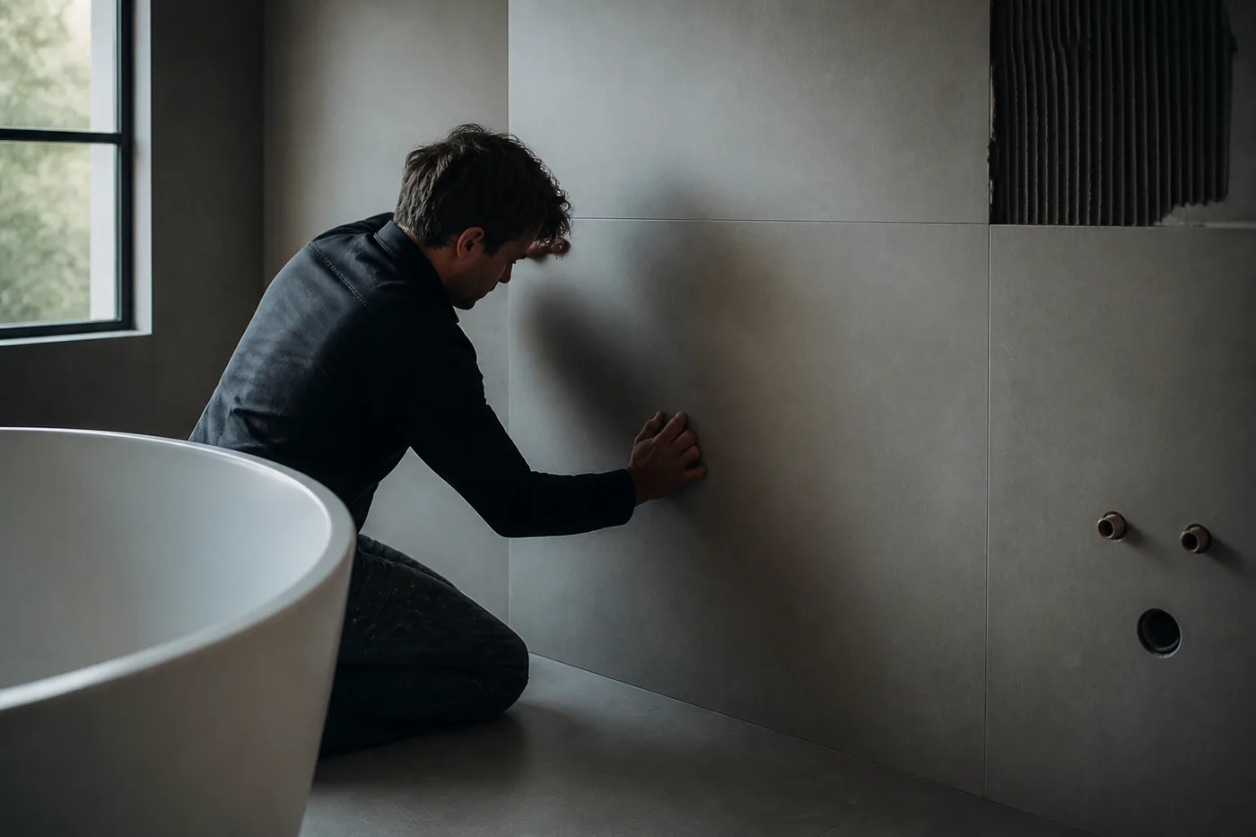 Vakman plaatst grote tegels op een badkamerwand tijdens een renovatie