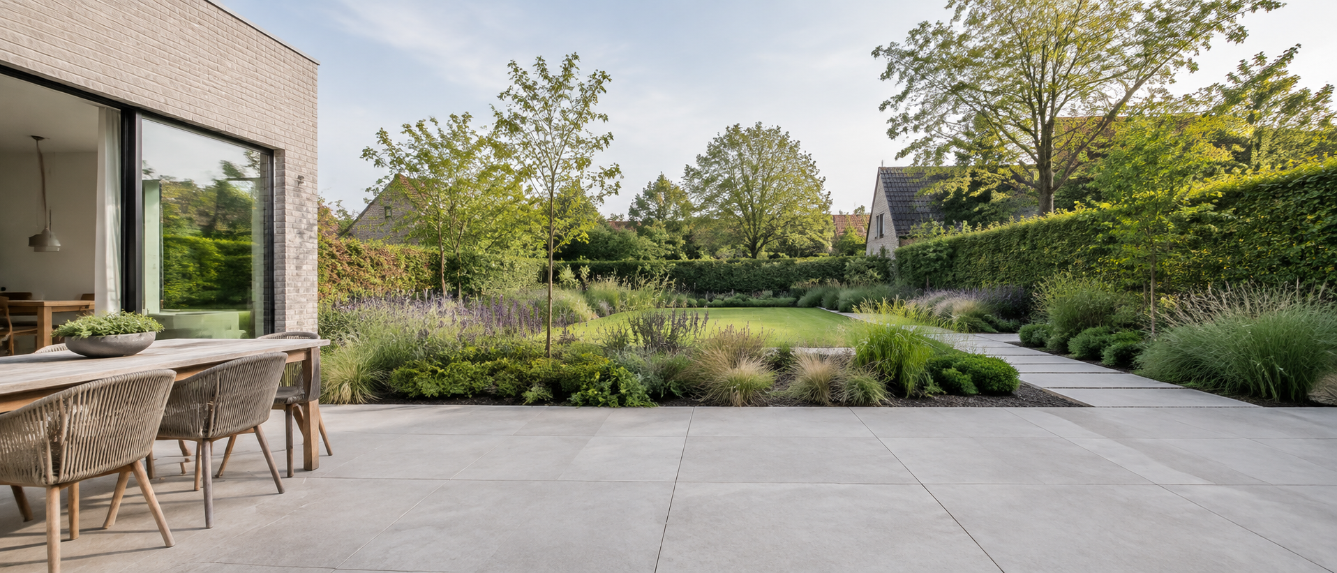 Aangelegde tuin met vaste planten, een gazon en een natuurstenen terras.