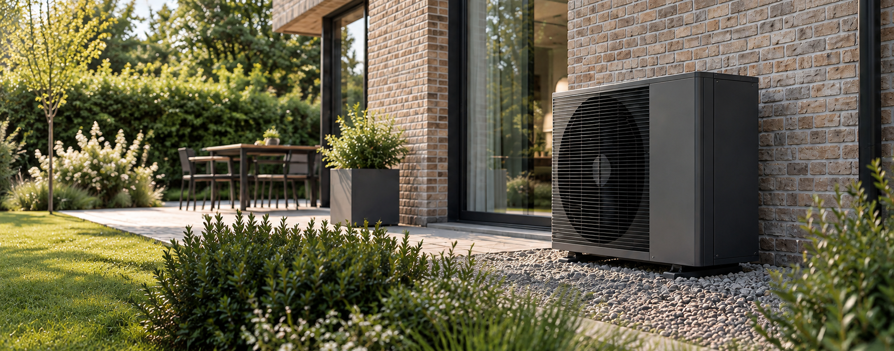 Buitenunit van een warmtepomp naast een bakstenen woning.